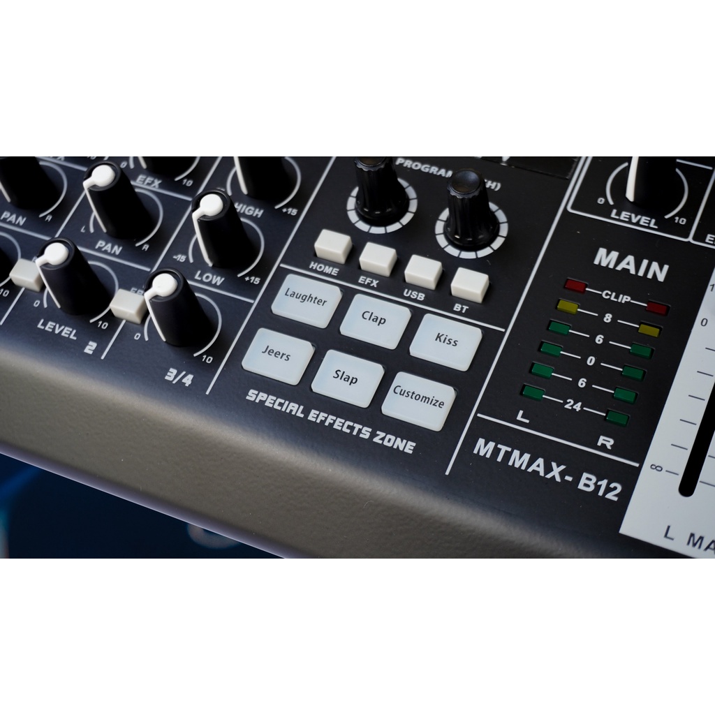 Bàn trộn âm thanh Mixer MTMax B12 - 4 kênh (3 mono, 1 stereo) - Có hiệu ứng âm thanh như sound card - 24 hiệu ứng vang