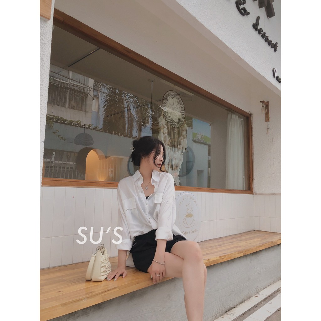 Áo sơ mi nữ form rộng dài tay Cheapy thô đũi 2 túi trắng nâu freesize dáng học sinh vintage Hàn Quốc C418
