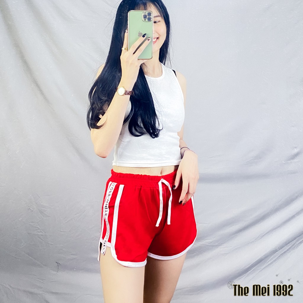 Quần đùi short nữ THE MEI 1992 cao cấp - Quần sooc nữ chất cotton mát viền kẻ dáng hộp cạp chun phong cách thể thao