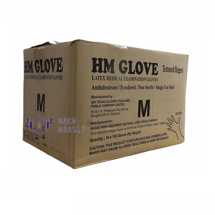 Hộp 50 đôi găng tay cao su y tế có bột HM GLOVE Size M (Màu Trắng)