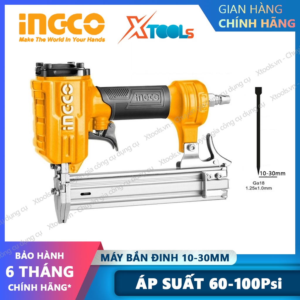 Súng bắn đinh gỗ cầm tay dùng khí nén INGCO ABN10301-3. Máy bắn đinh thẳng Ga18,1.25x1.00mm đinh 10-30mm 60-100Psi