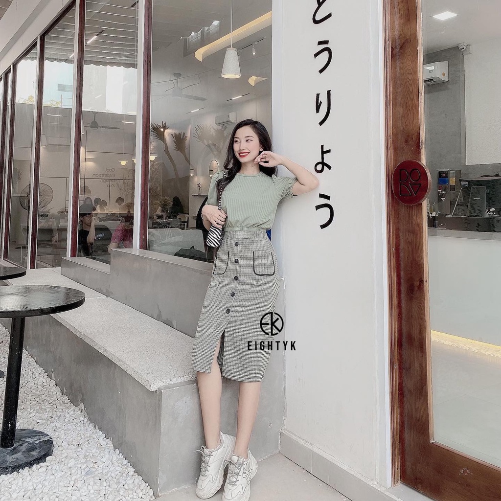 Chân Váy Midi Caro Xanh Mint Phối Nút | BigBuy360 - bigbuy360.vn