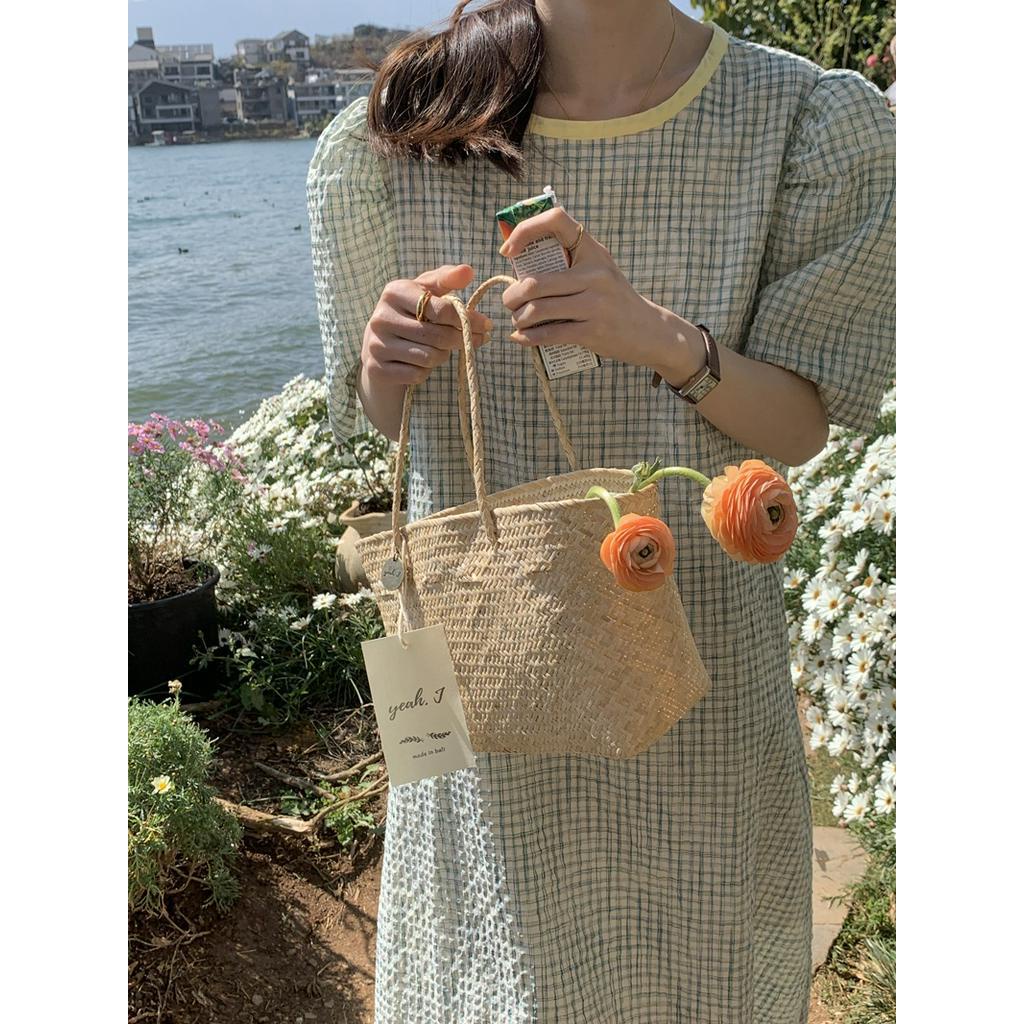 Đầm Sọc Ca Rô Dáng Rộng Ngắn Tay Phối Màu Tương Phản Thời Trang Mới 62594