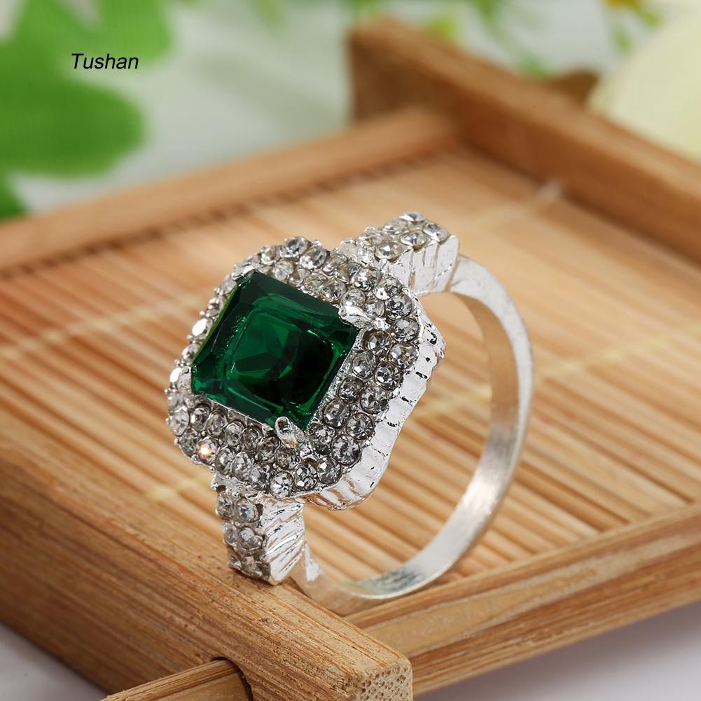 Nhẫn Cưới Mạ Bạc Đính Đá Zircon Màu Xanh Lá Cây Thời Trang Cho Nữ