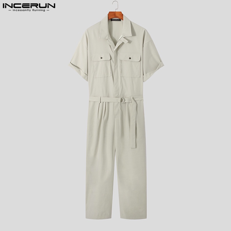 Áo liền quần INCERUN ngắn tay dáng rộng màu trơn thiết kế đơn giản cho nam