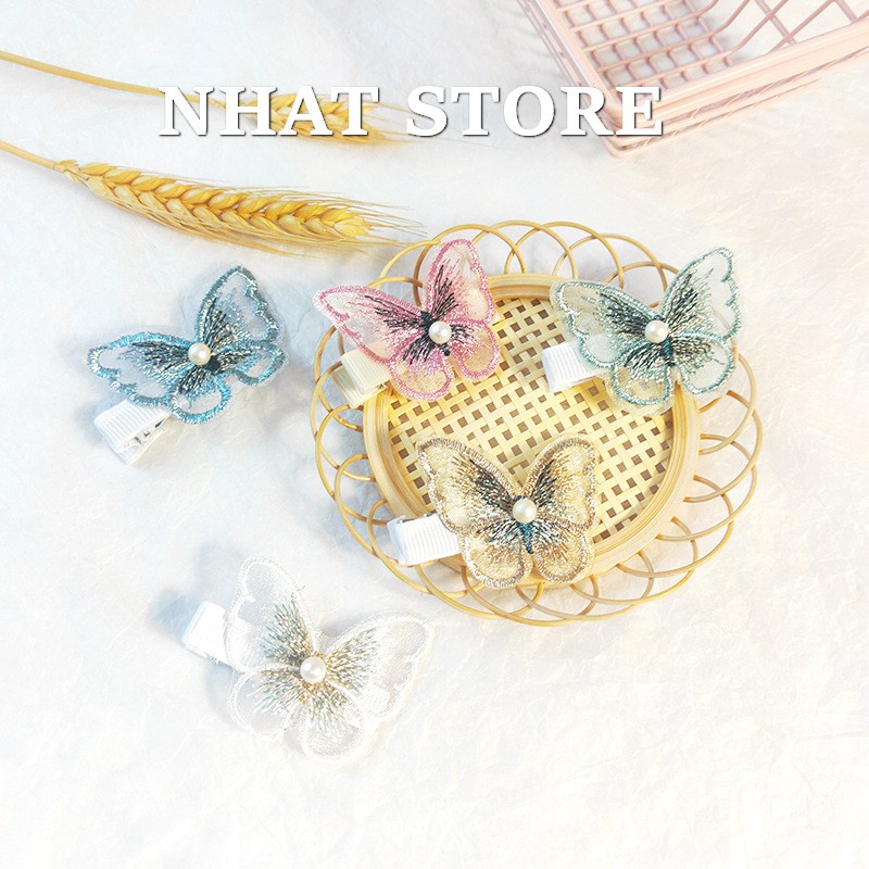 Kẹp tóc mái thời trang cho nữ, kẹp mỏ vịt hình bướm thêu Nhat Store