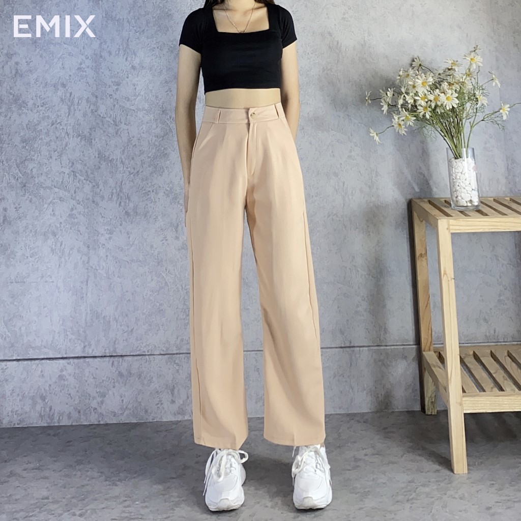 Quần tây nữ đi học cơ bản cho nữ EMIX (3 màu), dài 92cm, cạp cao, ống rộng, lưng cao kiều, vải tuyết mưa, mềm mịn 333