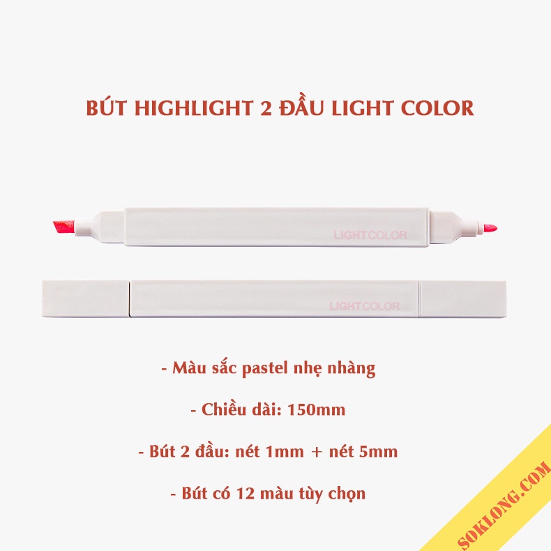 Bút highlight 2 đầu Light Color đánh dấu màu pastel HI06 tặng kèm sticker