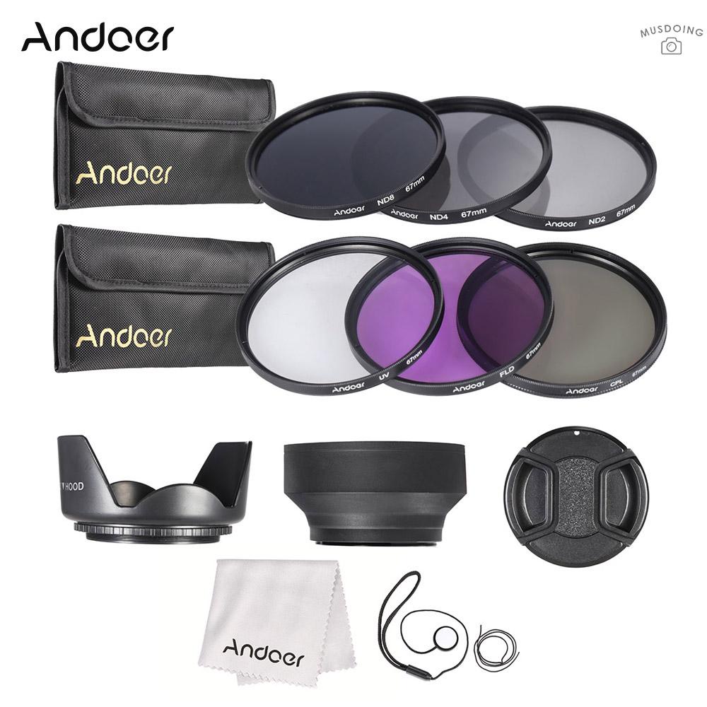 ღ  Andoer 67mm Lens Filter Kit UV+CPL+FLD+ND(ND2 ND4 ND8) with Carry Pouch / Lens Cap / Lens Cap Holder / Tulip & Rubber Lens Hoods / Cleaning Cloth