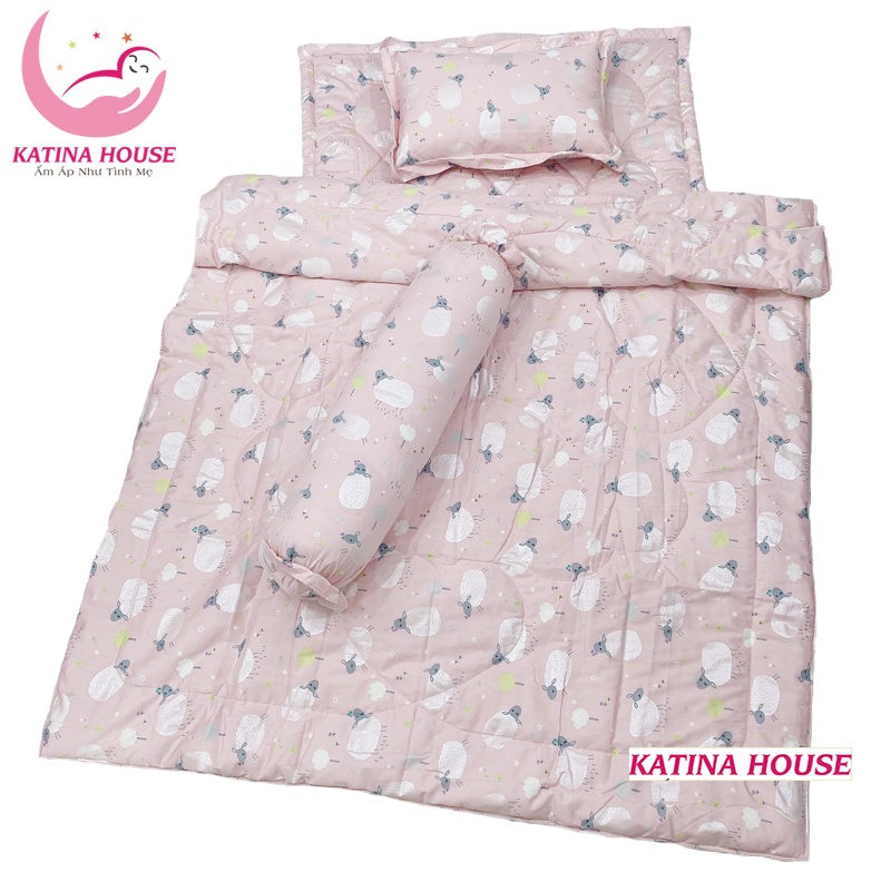 Bộ nệm gối mền gối ôm trẻ em 1-5t, vải cotton satin hàn mềm mát, họa tiết đáng yêu cho bé