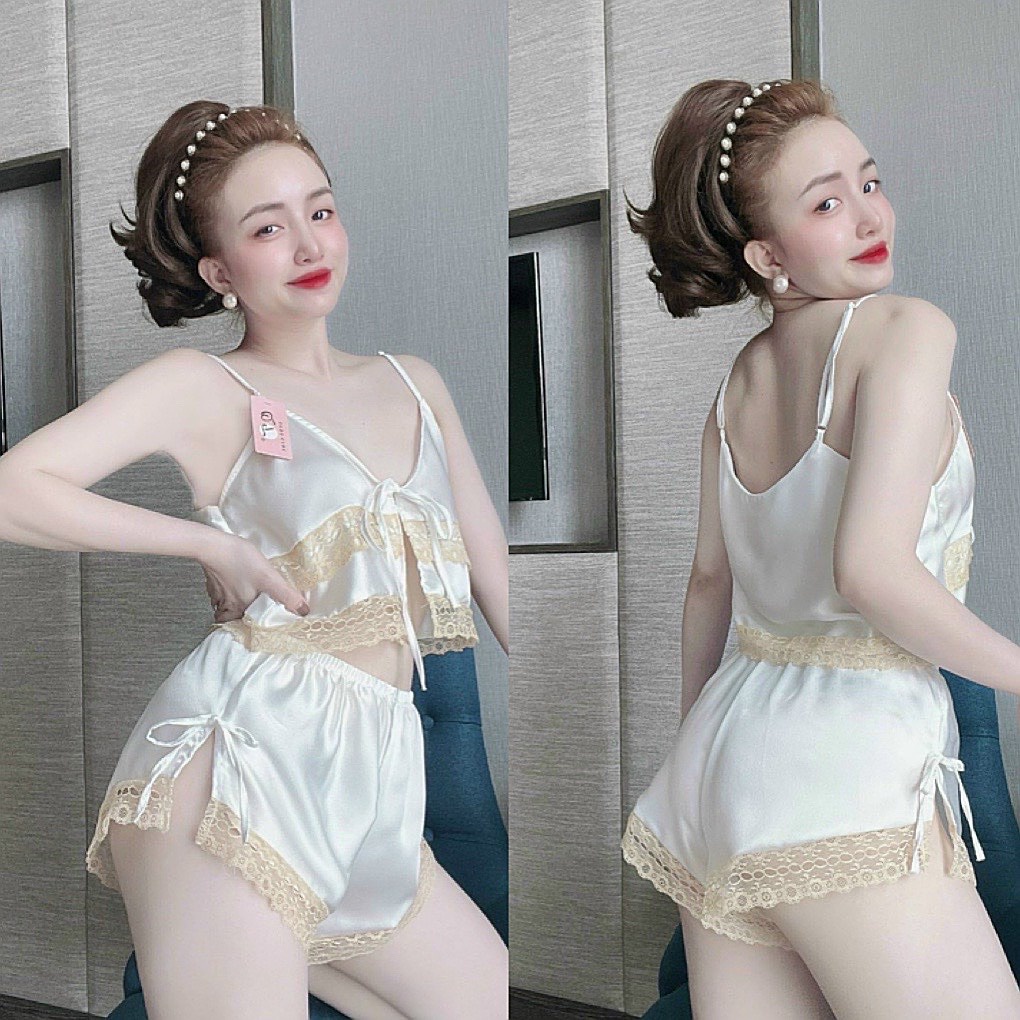 Đồ bộ đùi ngủ sexy hai dây xẻ ngực phối ren satin cao cấp