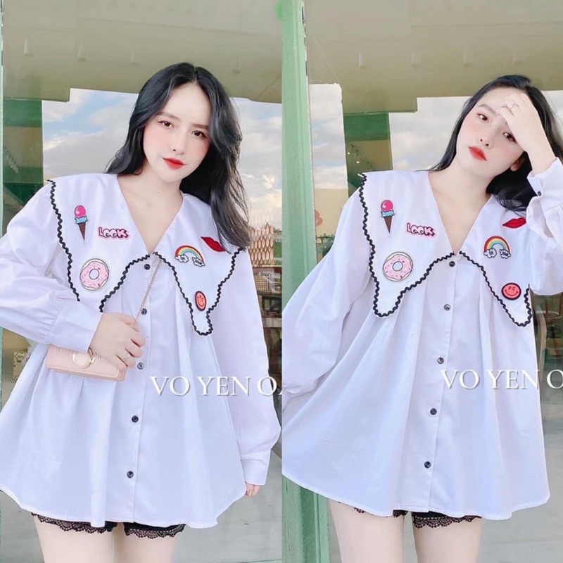 Áo sơ mi cổ thêu hình ngộ nghĩnh form baby doll siêu đẹp (kèm ảnh thật)