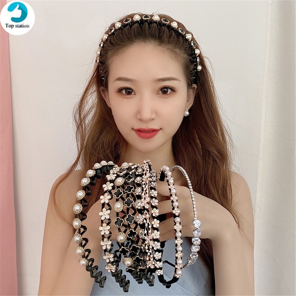 Băng đô dây bện chống trượt đính hoa kiểu Hàn Quốc dễ thương