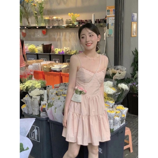Váy 2 dây dành cho nữ điệu đà.Đầm 2 dây dáng xoè siêu xinh màu hồng nhẹ nhàng dịu dàng cho nữ 2022