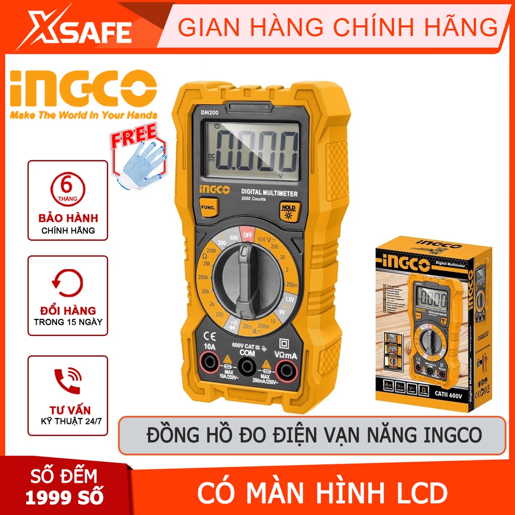 Đồng hồ vạn năng kỹ thuật số INGCO DM200 Đồng hồ đo điện 6000 số đếm, màn hình LCD - Chính hãng [XSAFE]