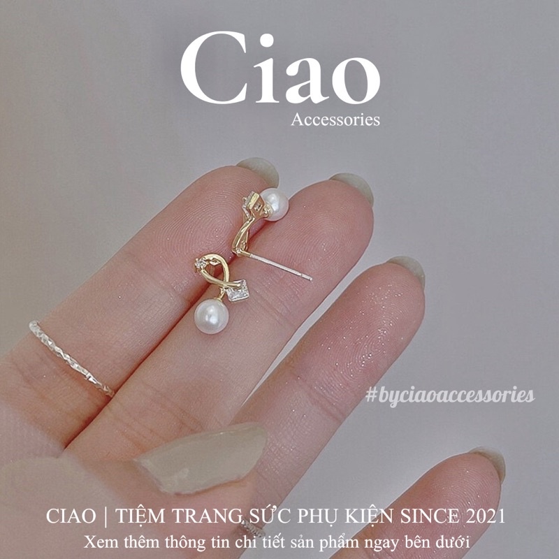 [HOẢ TỐC 1H] Khuyên tai/ Bông tai mạ bạc S925 thiết kế đính đá và hạt trai Veni Tiny Ciao