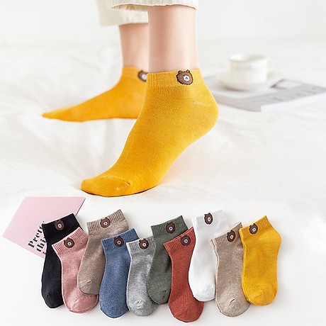 Combo 10 đôi vớ tất nữ cổ ngắn đủ màu họa tiết hình gấu Brown kèm túi đựng dây rút, set 10 đôi dớ chân nữ cổ thấp 10 màu
