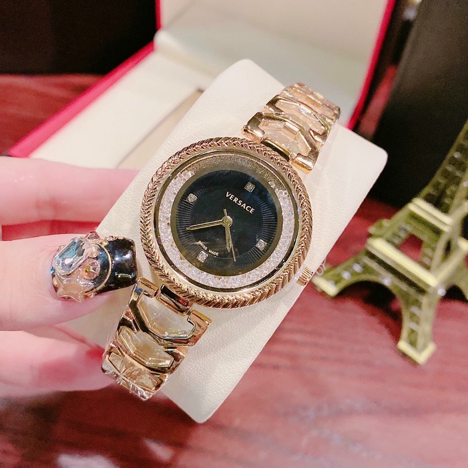 đồng hồ nữ đeo tay VERSACE dây kim loại mạ vàng mặt tròn đính đá thời trang cao cấp chống nước chống xước | BigBuy360 - bigbuy360.vn