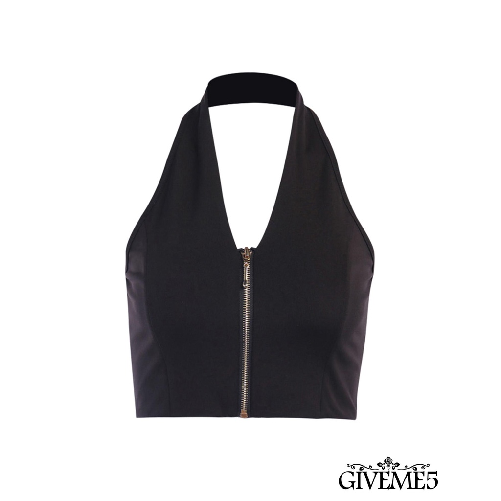 Áo lửng không tay cổ chữ V hở lưng có khóa kéo trước thời trang mùa hè cho nữ