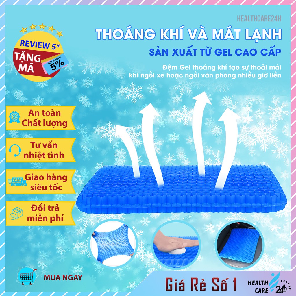 Đệm Gel 3D Cao Cấp Ngồi Lót Ghế [Thế Hệ Mới] - Thiết Kế Dạng Tổ Ong Thoáng Khí - Chất Gel Bền, An Toàn [Hạn Dùng 5 Năm]