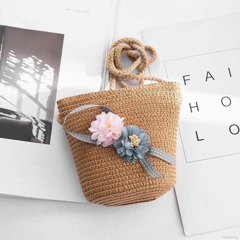 Túi rơm đeo vai đính hoa và dây ruy băng nhiều màu sắc phong cách Hàn Quốc cho bé gái