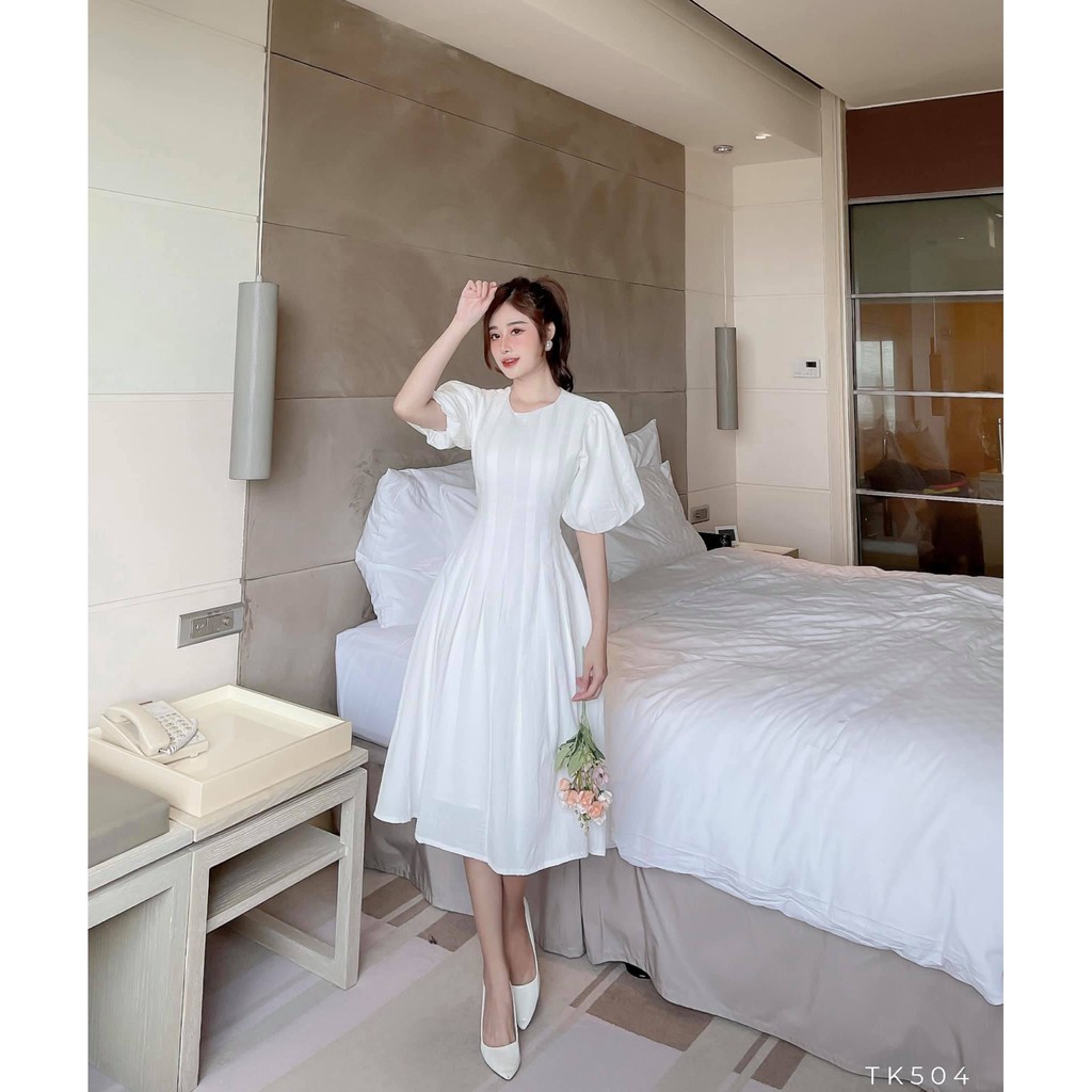 [HÀNG THIẾT KẾ CAO CẤP] Đầm Xòe Cổ Tròn Chít Eo Công Sở Màu Trắng Thanh Lịch