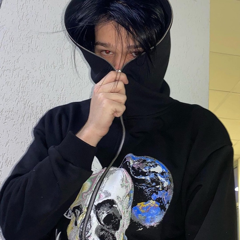 Áo khoác hoodie MMIOT Y2K tay dài có khóa kéo in họa tiết đầu lâu phong cách gothic Hàn Quốc thời trang thể thao