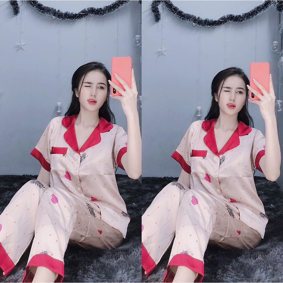 Bộ đồ ngủ Pijama tay cộc quần dài phi bóng hoạ tiết trái thơm dễ thương