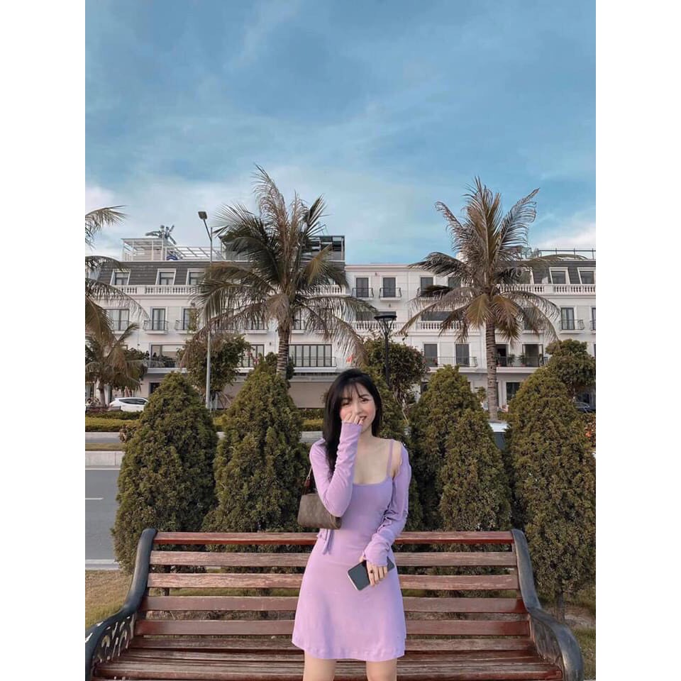 SET VÁY 2 DÂY TRƠN MIX ÁO KHOÁC NGOÀI CARDIGAN - SET 2 MÓN VÁY HAI DÂY BODY + ÁO KHOÁC ÁO CROPTOP CÀI CÚC ĐEN XÁM TÍM HO | BigBuy360 - bigbuy360.vn