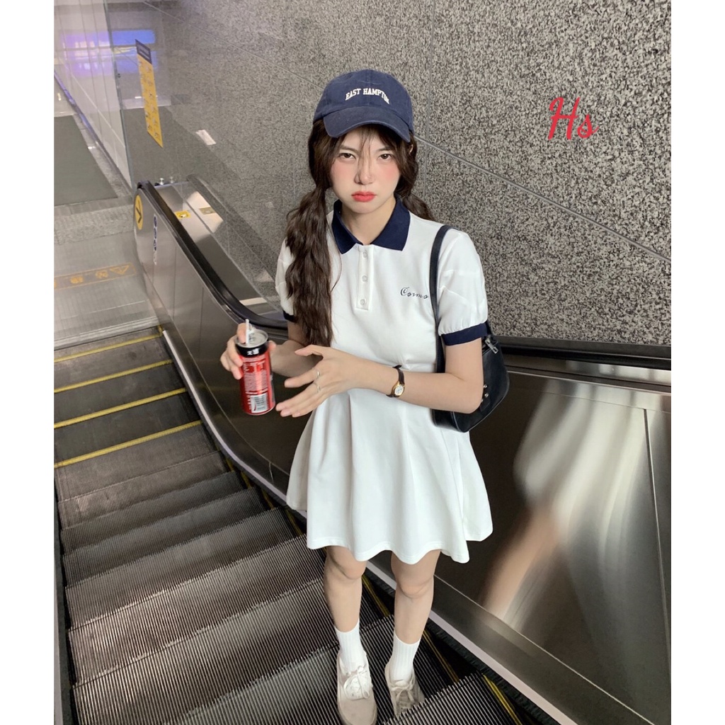 Váy Cổ Bẻ Cài Cúc Cosmo Màu Trắng Chất Bozip, Đầm Polo Nữ Triết Eo Mềm Mịn Anne Boutique Mã 1012