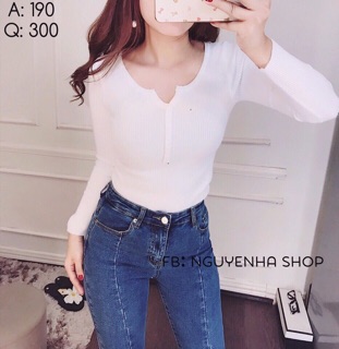 Áo Len Gân Phối Nút Tay Dài QC