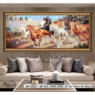 Tranh tô màu khổ lớn sơn dầu số hóa - Mã DV3011 Mã đáo thành công Tranh bát mã đàn ngựa cầu tài lộc may mắn