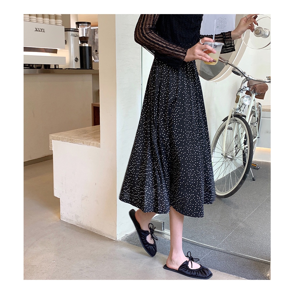 SUXI Chân váy chữ a lưng cao họa tiết chấm bi màu đen thời trang mùa hè cho nữ