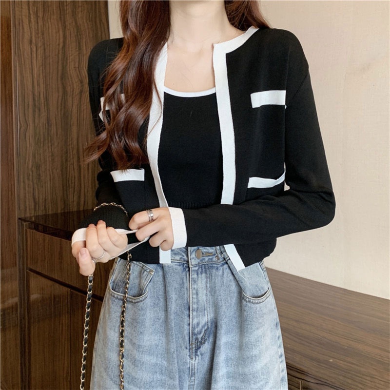 Bộ Áo Croptop Dệt Kim Dài Tay + Áo Hai Dây Dệt Kim Màu Khối Cá Tính Cho Nữ