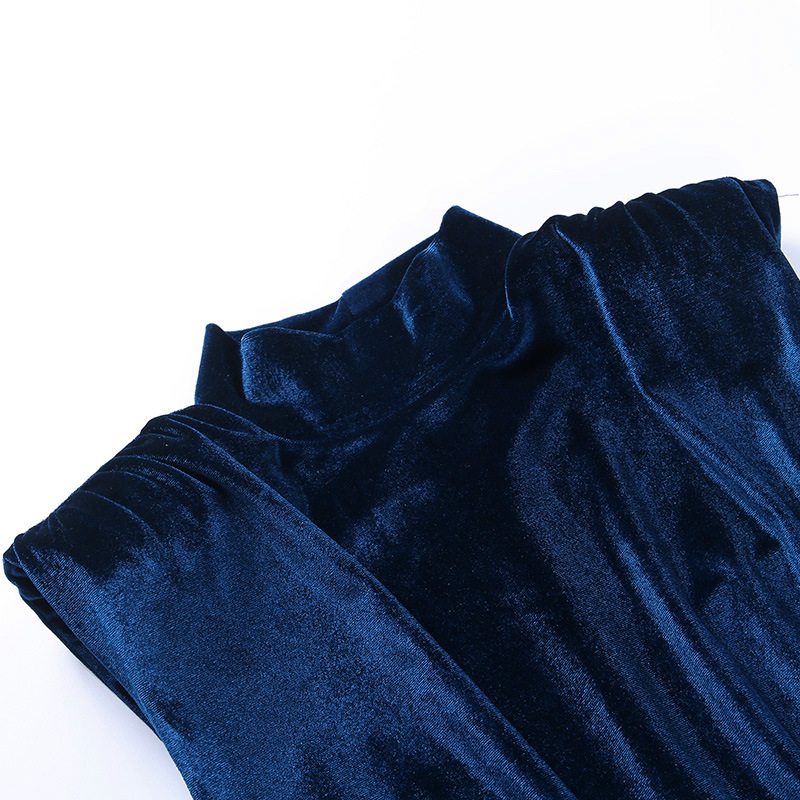 Sexy Women Slim Velvet Plain High Neck Pleated Sleeveless Fashion Party Dress