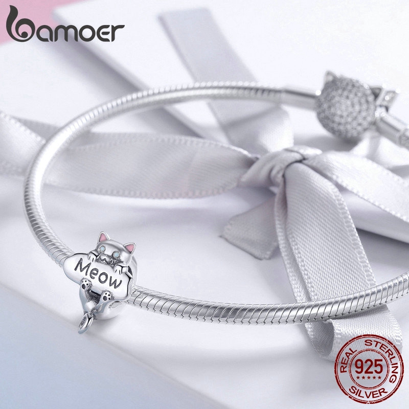 BAMOER Hạt Charm Bạc 925 Hình Mèo Dùng Làm Trang Sức DIY