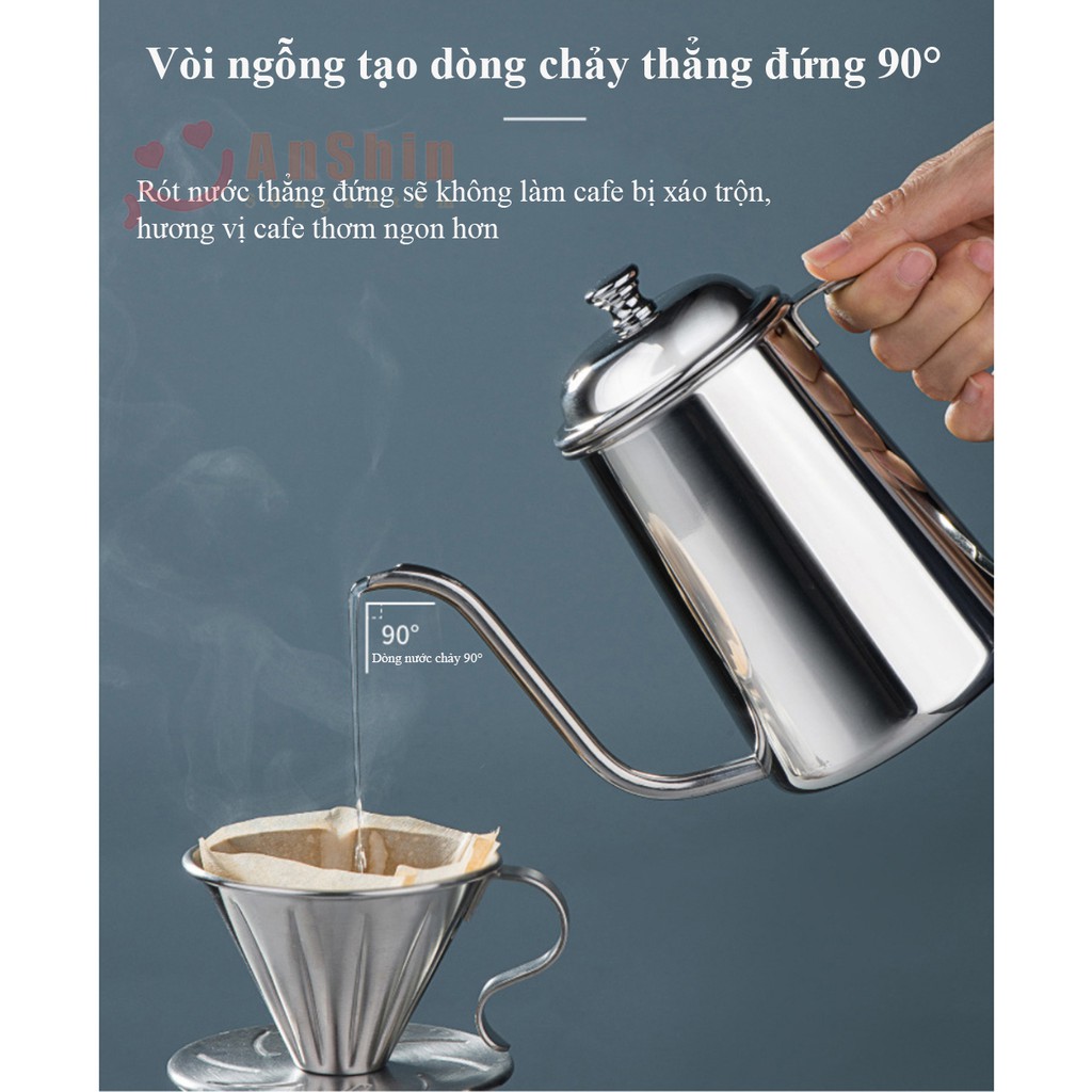 Ấm pha trà, cà phê inox 304 Anshin - thiết kế vòi cổ ngỗng sang trọng - bảo hành trọn đời không han gỉ