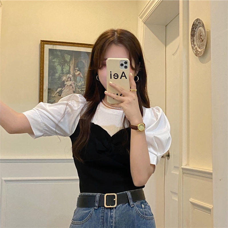 Áo Thun Dệt Kim Mỏng Tay Ngắn Phồng Phối Màu Tương Phản Kiểu Pháp Thời Trang Mùa Hè 2022 Cho Nữ