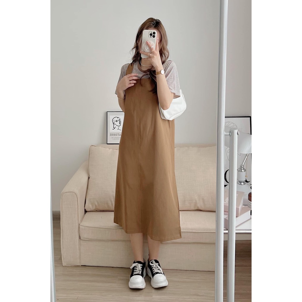 Set yếm kaki dáng dài kèm áo phông cổ tròn kẻ sọc 2 màu xinh xắn phong cách Hàn quốc