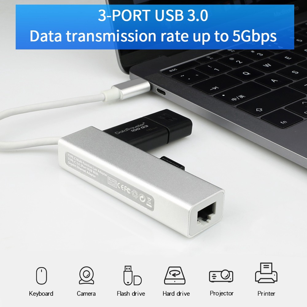 USB-C Ethernet Rj45 Lan Adapter 3 Port USB Type C Hub, 10/100/1000Mbps Gigabit Ethernet USB 3.0 Network Card for MacBook