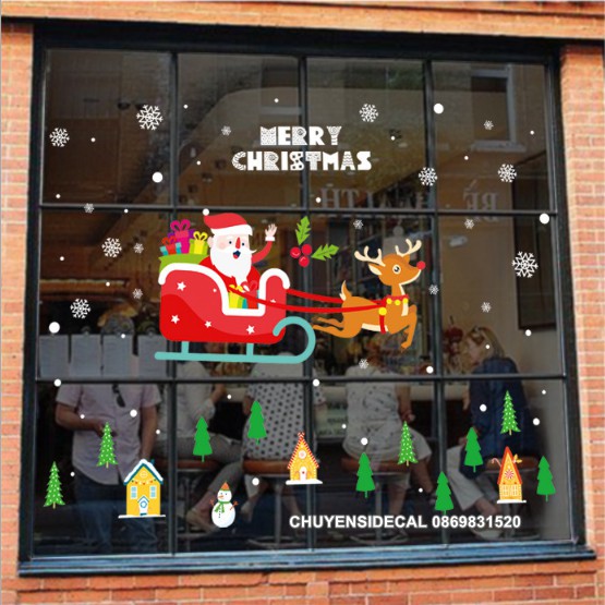 Decal Trang Trí Noel Hai Mặt Hít Tĩnh Điện Không Dơ Kính- Xe Tuần Lộc Đỏ