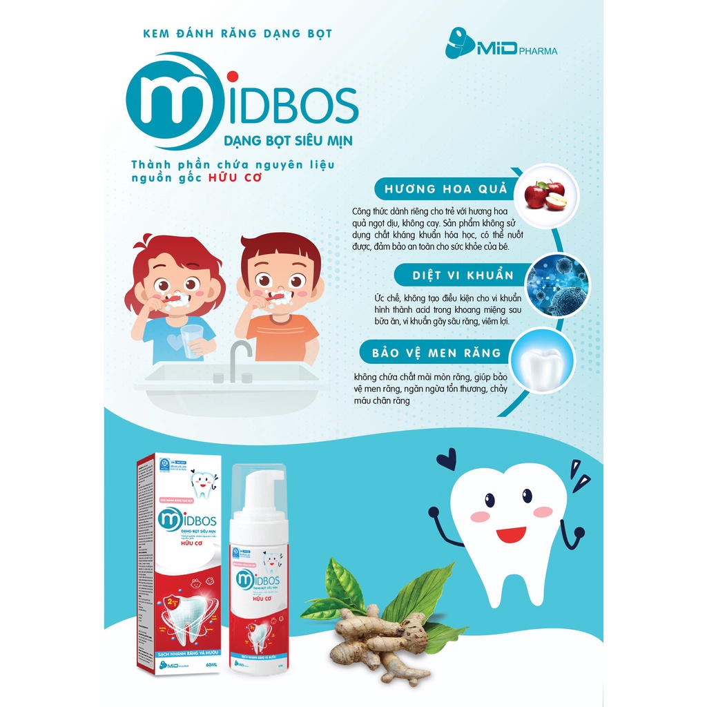 Kem đánh răng dạng bọt Midbos thương hiệu Midkid hữu cơ nuốt được cho bé từ 1 tuổi giúp làm sạch, trắng răng, thơm miệng