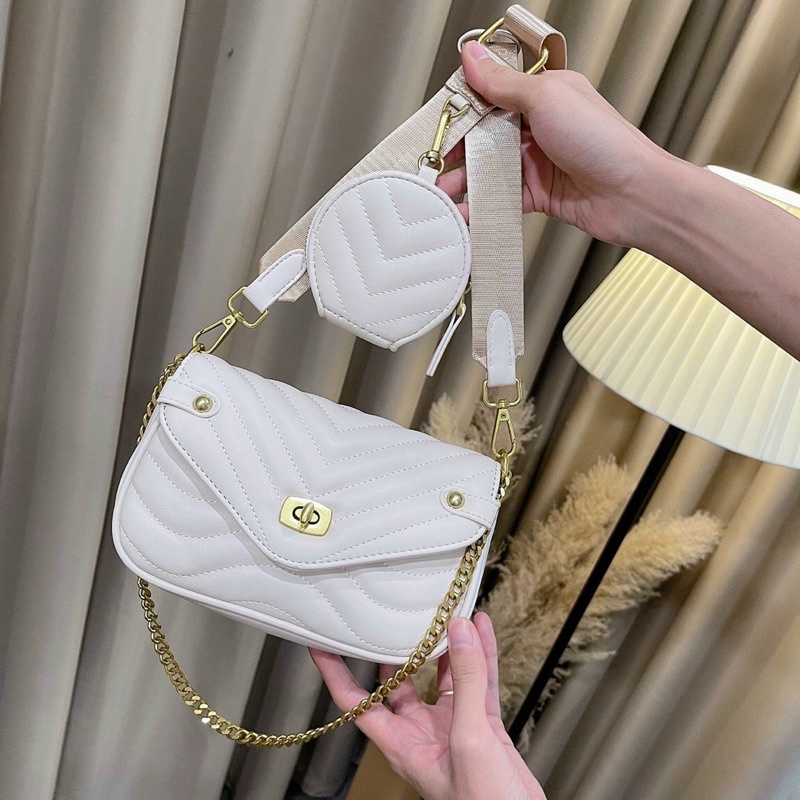 Túi xách nữ đeo chéo, túi đeo chéo trần ô 2 dây khóa vàng size 20 phong cách hàn quốc