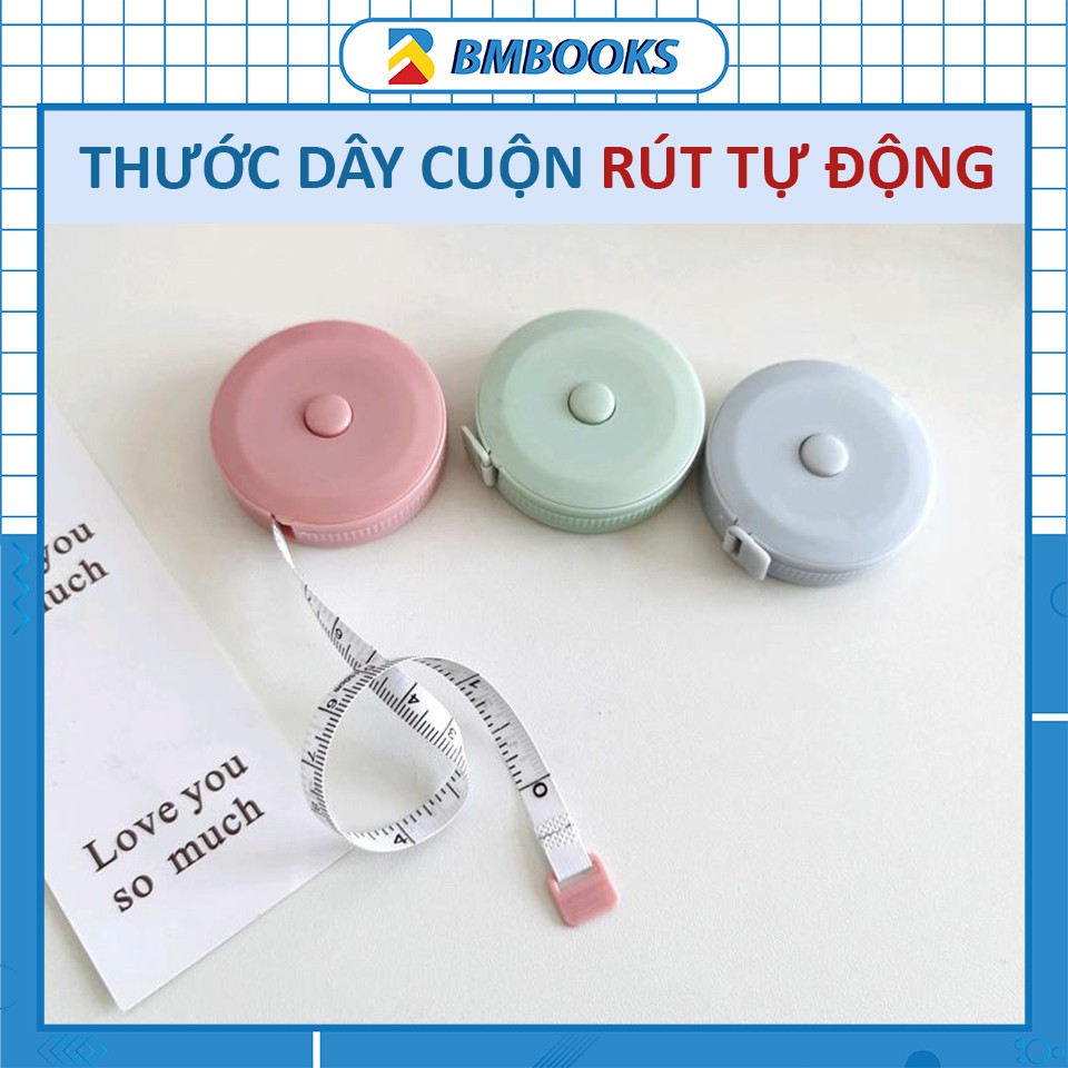 Thước dây cuộn mini dạng rút bỏ túi dài 1.5m tự động thu gọn 3 màu pastel xinh xắn BMBooks