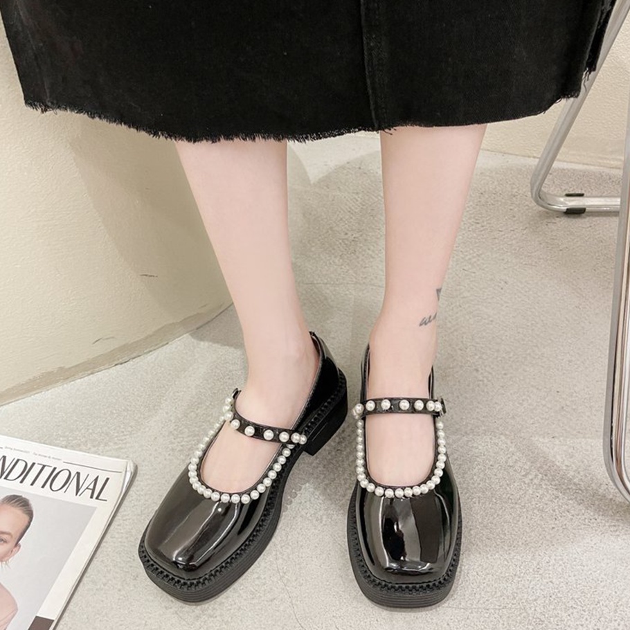 Giày Lolita Ulzzang Vintage, Giày Mary Jane Mũi Vuông Đính Ngọc Phần Viền Và Quai Đế Cao 5cm Hàn Quốc-Iclassy_shoes