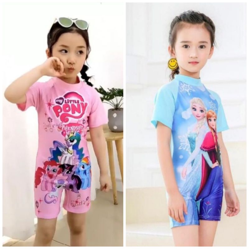 Bộ Đồ bơi trẻ em bộ liền thân cho bé gái từ 3-9 tuổi Pony Elsa, đồ bơi trẻ em ngắn tay ngựa Pony công chúa Elsa