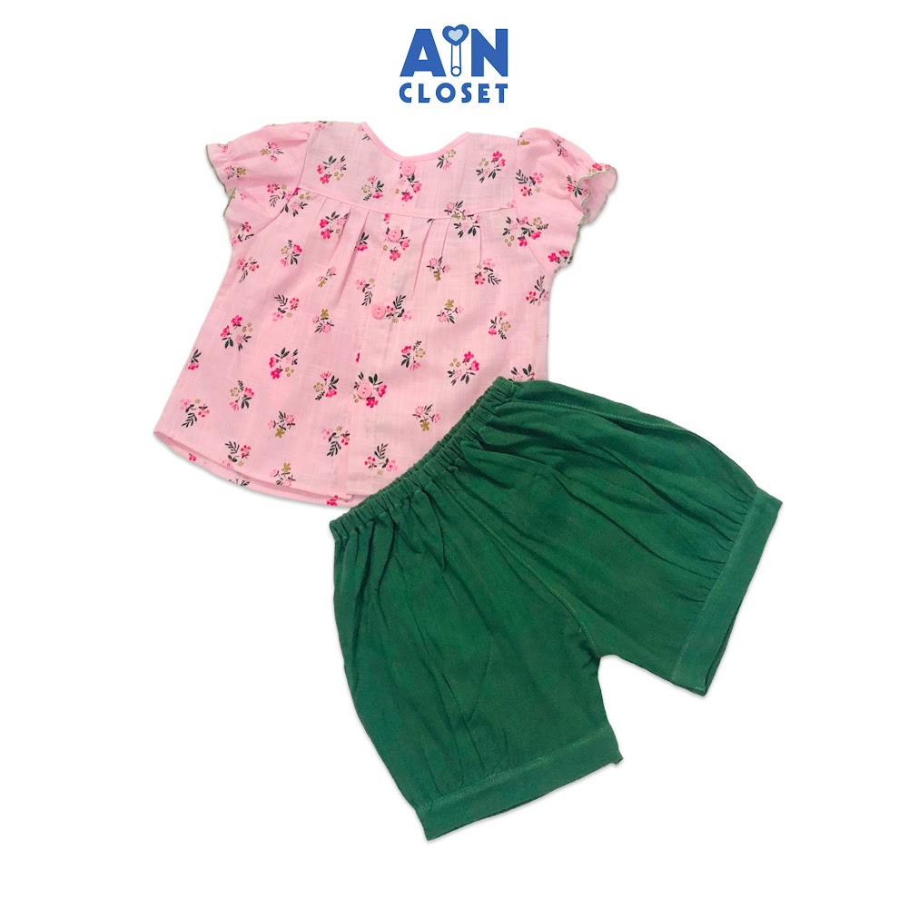 Bộ quần áo ngắn bé gái họa tiết Hoa Lan hồng quần xanh linen AICDBGWKTKN0 AIN Closet