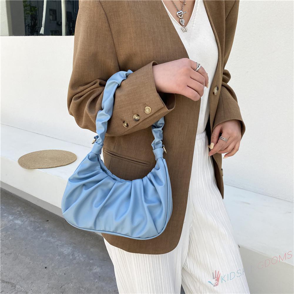 【Big Sale】Fashion Women Pure Color Canvas Shoulder Underarm Bag Pleated Hobos Handbag