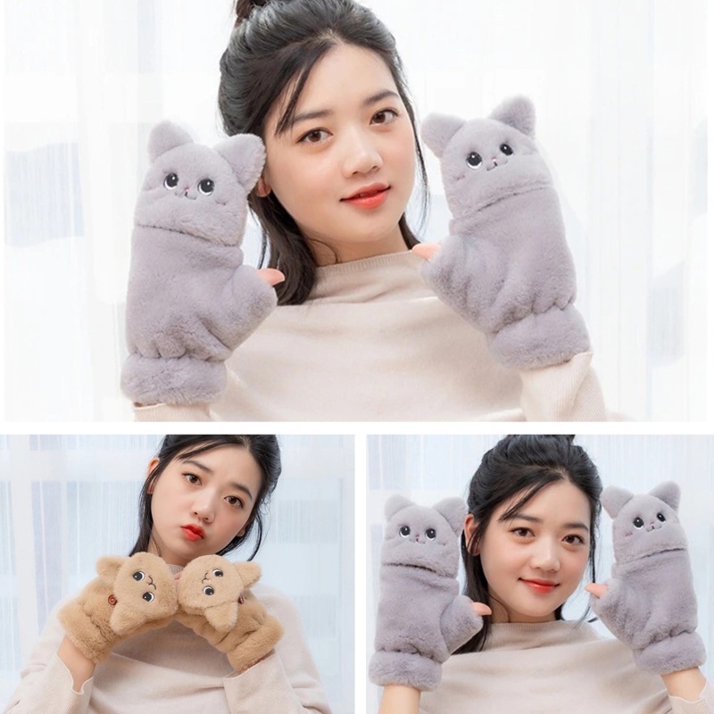 Găng tay hở ngón giữ ấm phối lông dày hình mèo dễ thương cho nữ