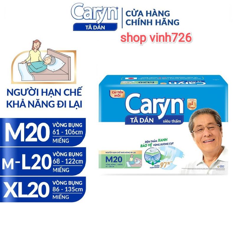 Tã bỉm dán CARYN cao cấp M20/L20/XL20 dành cho người già, người bệnh lâu năm siêu thấm hút, kháng khuẩn
